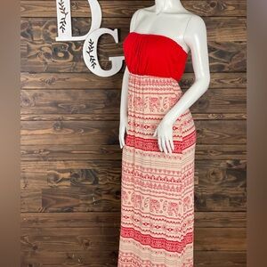 Love Tree | Vibrant‎ Strapless Ruched Tube Top Maxi Dress Beige Cream Red Boho